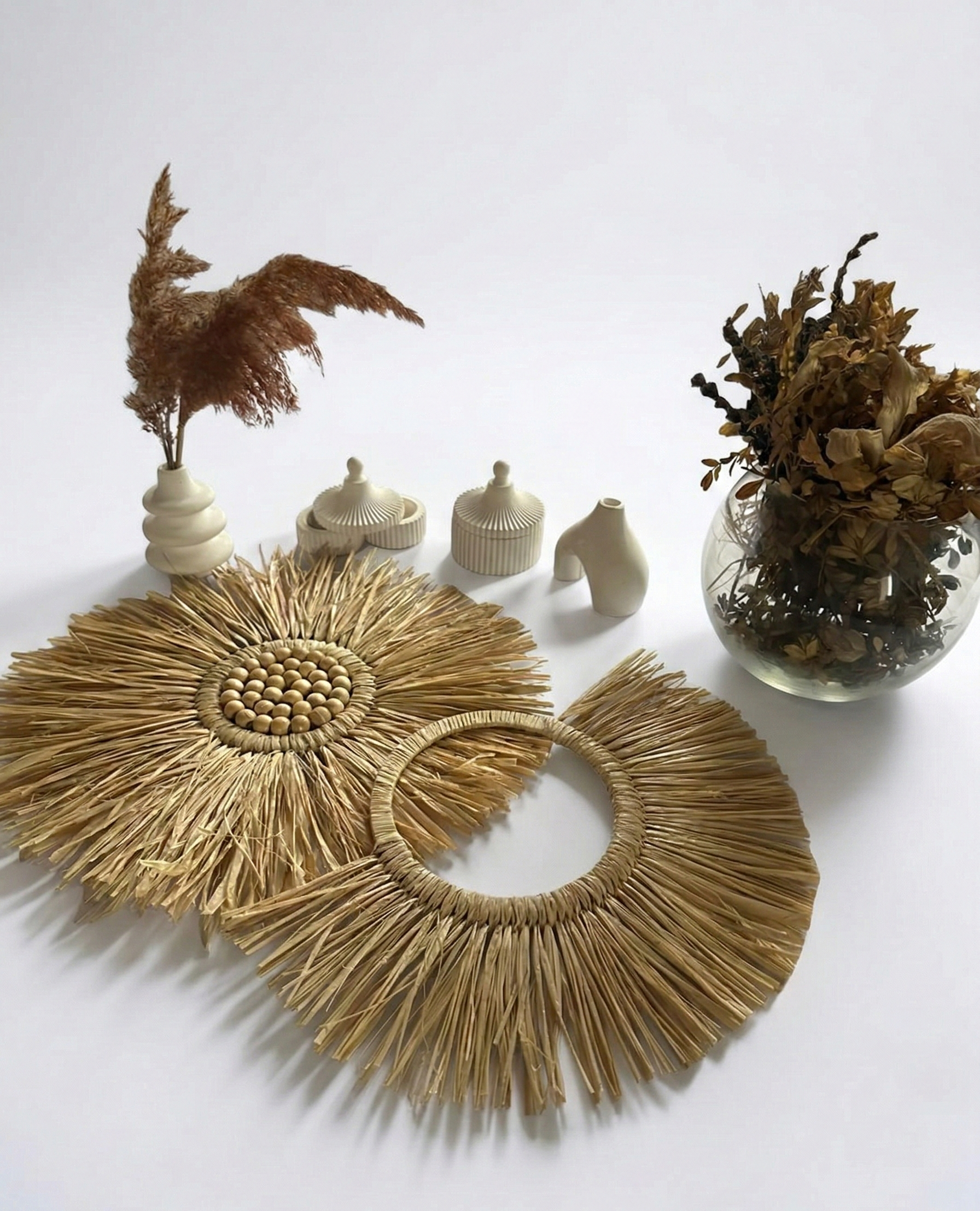 Krem Boncuklu ve Sade Yarım Ay İkili Rafya Seti