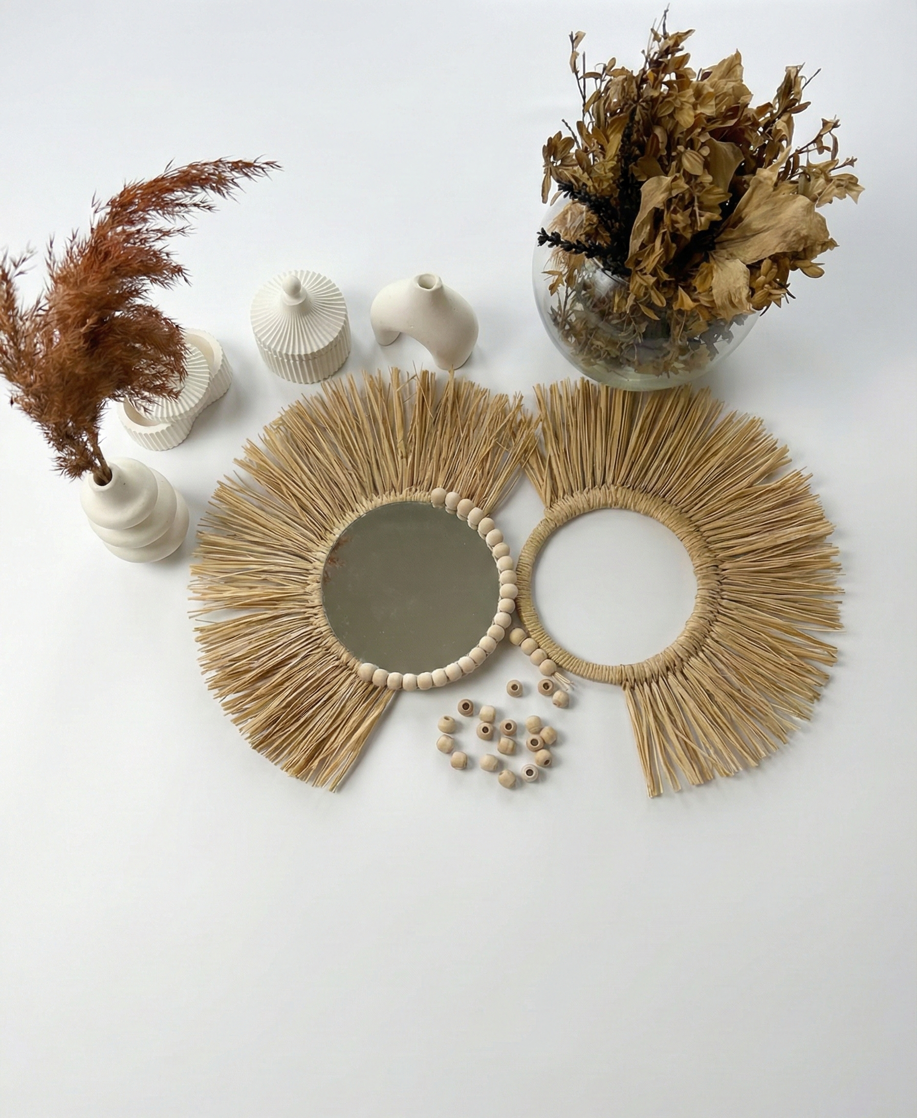 Rafya ve Ahşap Boncuklu İkili Bohem Duvar Seti