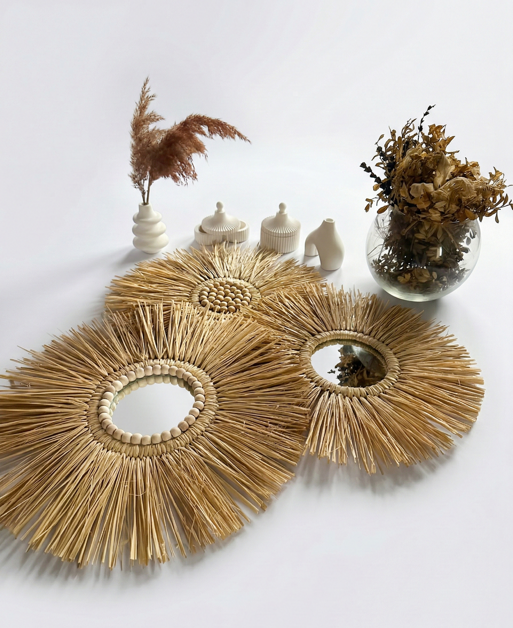 Ahşap Boncuklu ve Aynalı 3’lü Rafya Duvar Seti