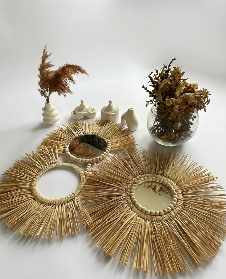 Rafya ve Ahşap Boncuklu Üçlü Bohem Duvar Seti