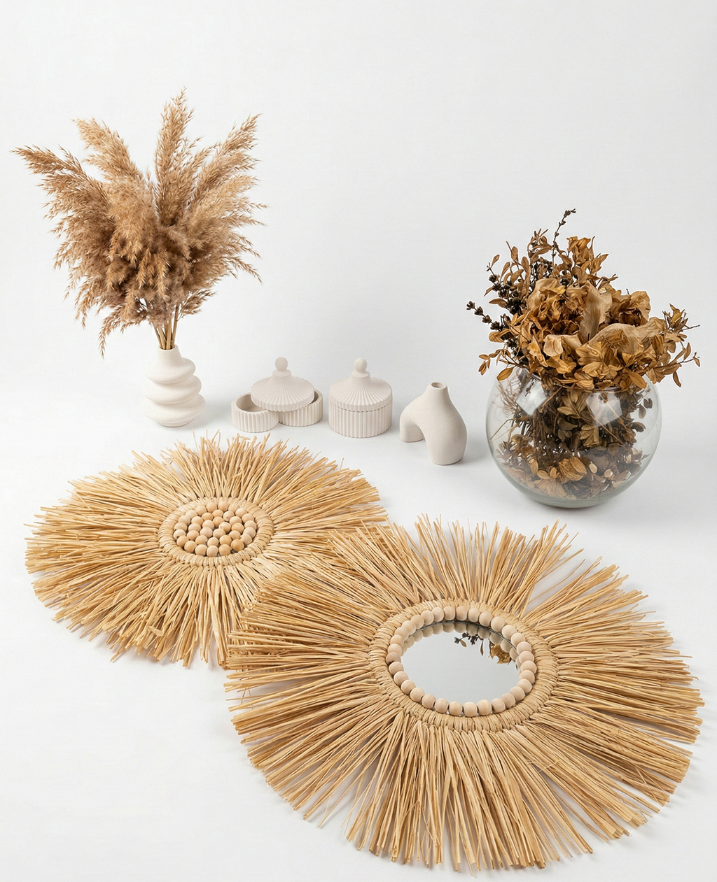 Ahşap Boncuklu ve Aynalı İkili Rafya Duvar Seti