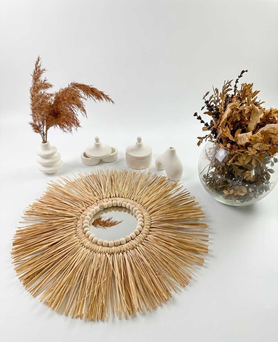 Rafya ve Ahşap Boncuk Detaylı Güneş Ayna