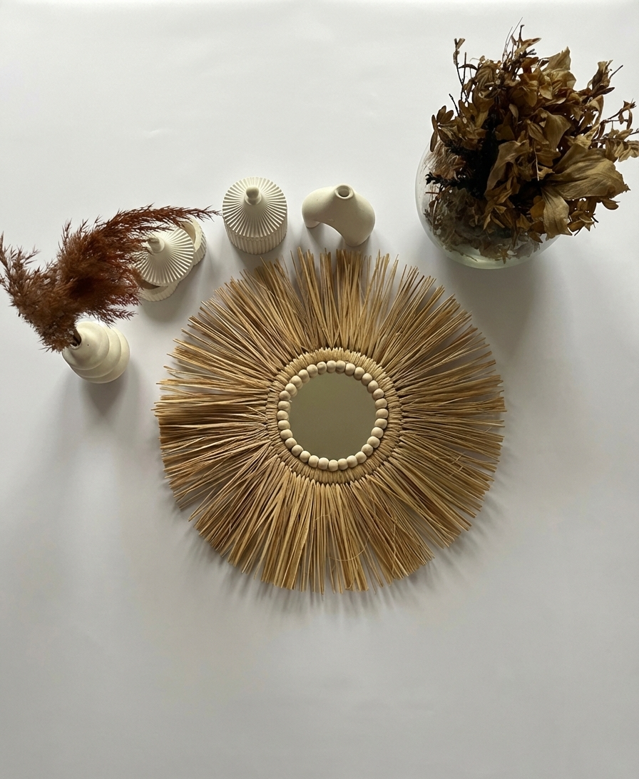 Rafya ve Ahşap Boncuk Detaylı Güneş Ayna