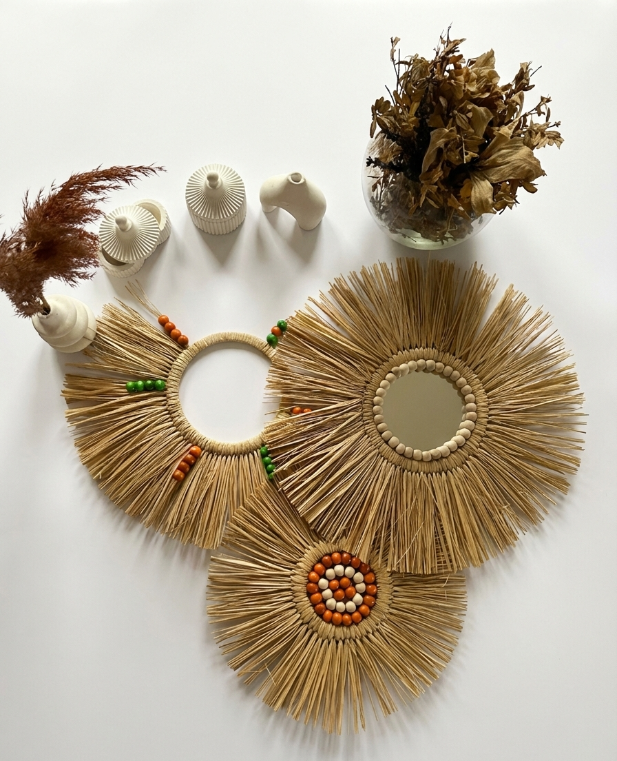 Renkli Boncuklu Üçlü Bohem Duvar Seti