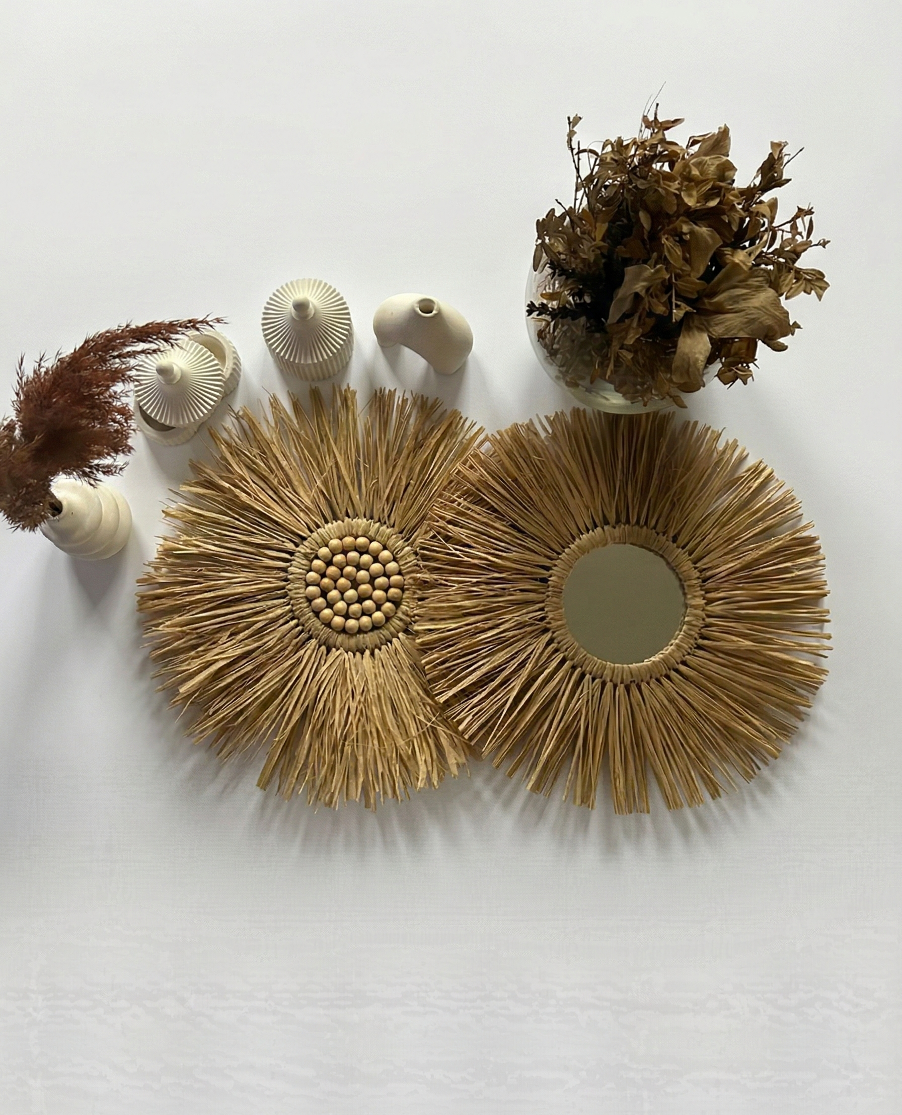 Sade ve Ahşap Boncuklu İkili Rafya Ayna Seti