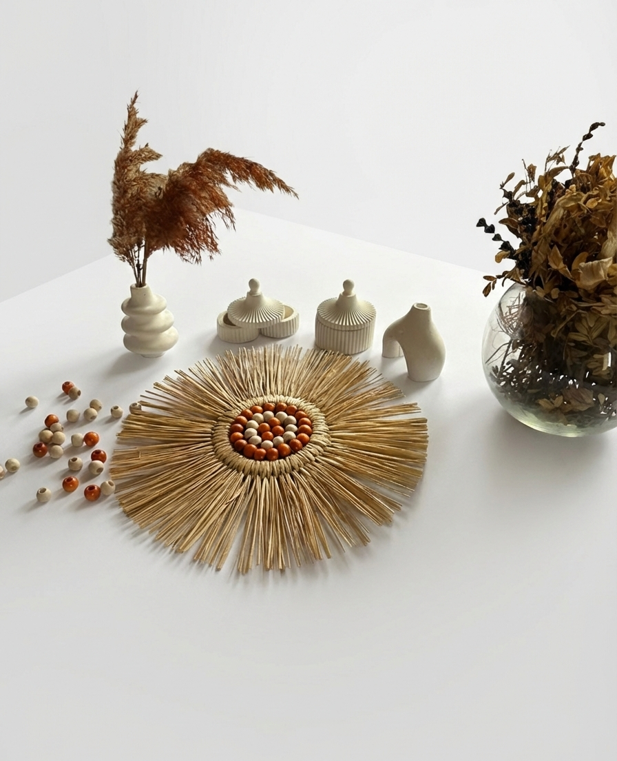 Çift Renk Ahşap Boncuklu Yuvarlak Rafya Duvar Süsü