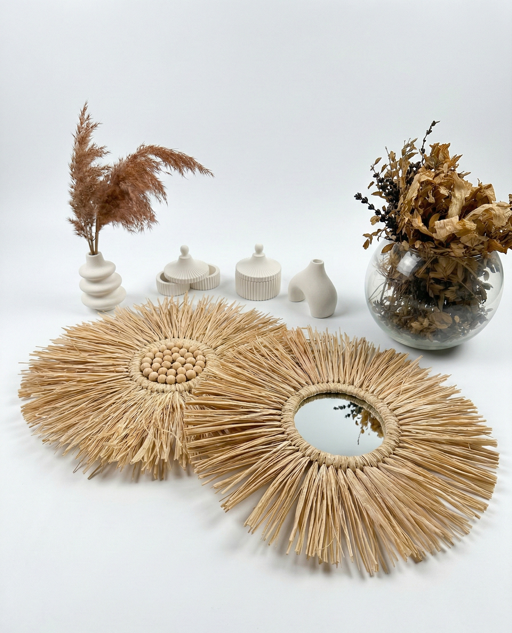 Sade ve Ahşap Boncuklu İkili Rafya Ayna Seti