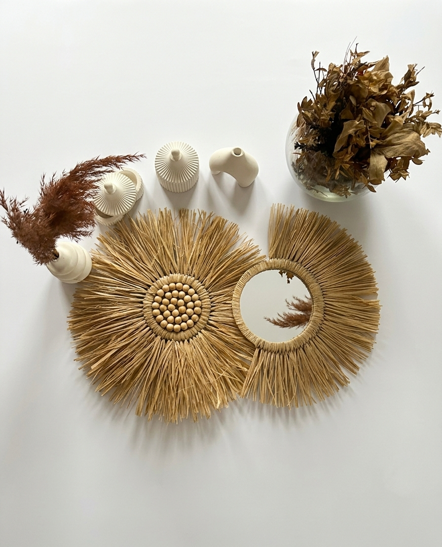 Krem Boncuklu ve Sade Yarım Ay İkili Rafya Seti