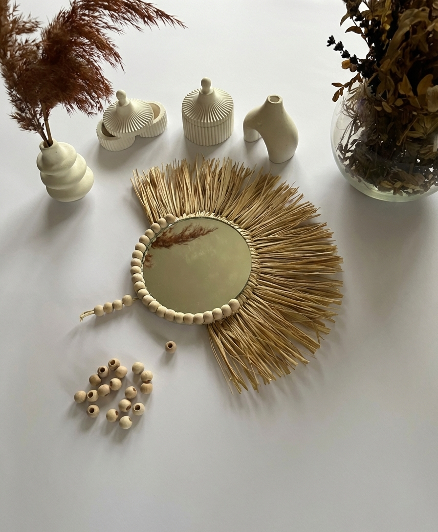 Doğal Rafya Tasarımlı Ahşap Boncuklu Ayna