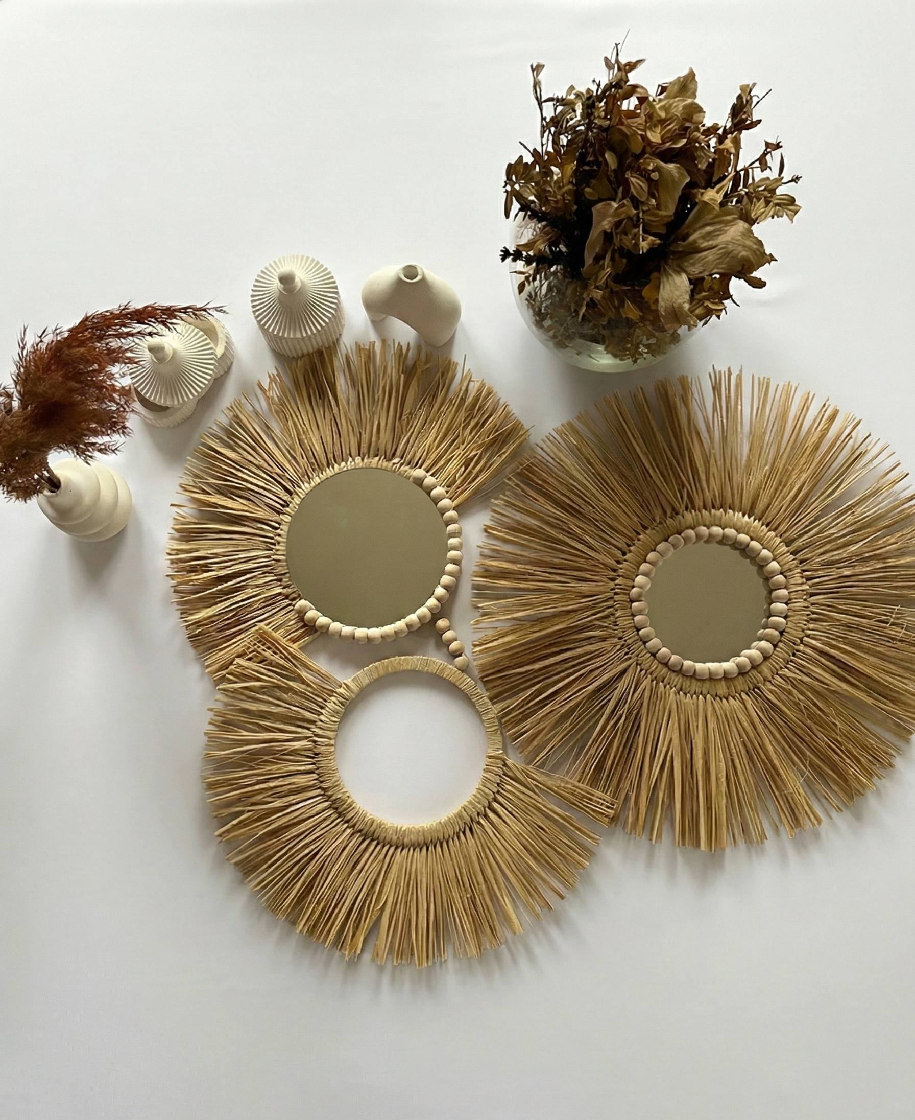 Rafya ve Ahşap Boncuklu Üçlü Bohem Duvar Seti