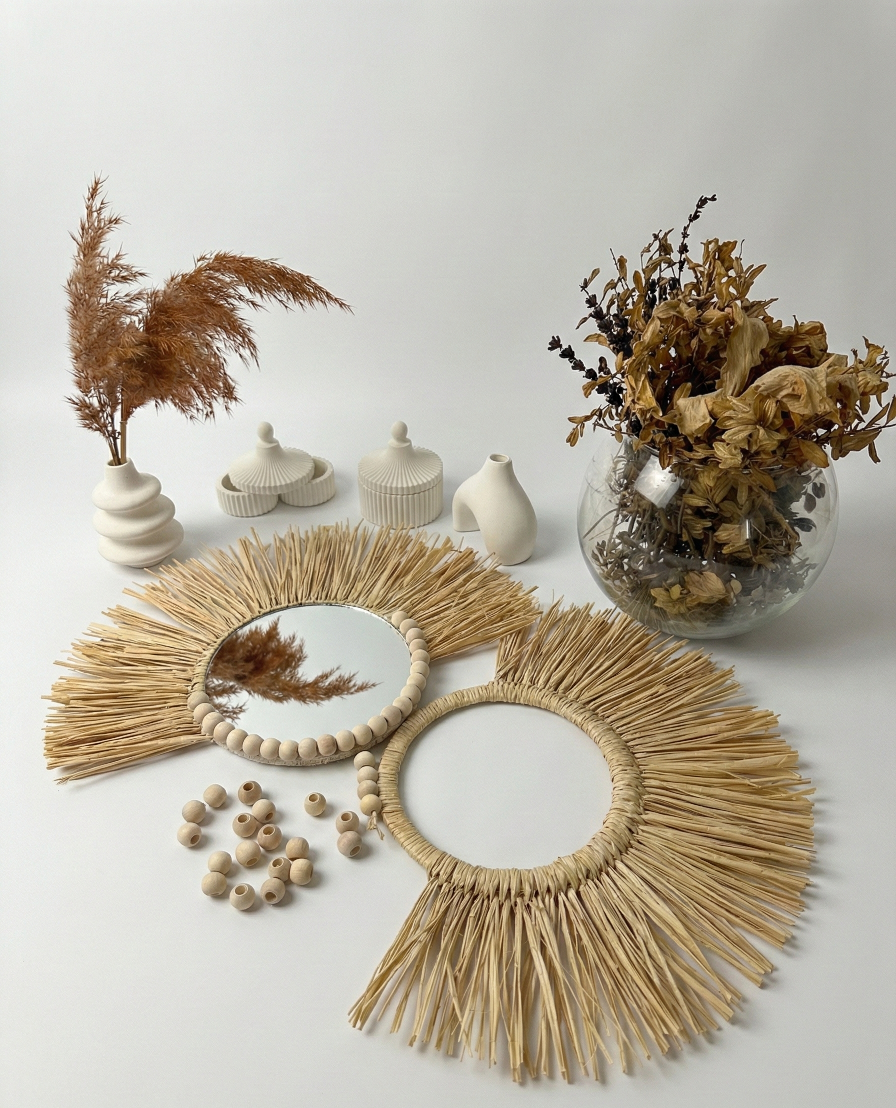 Rafya ve Ahşap Boncuklu İkili Bohem Duvar Seti