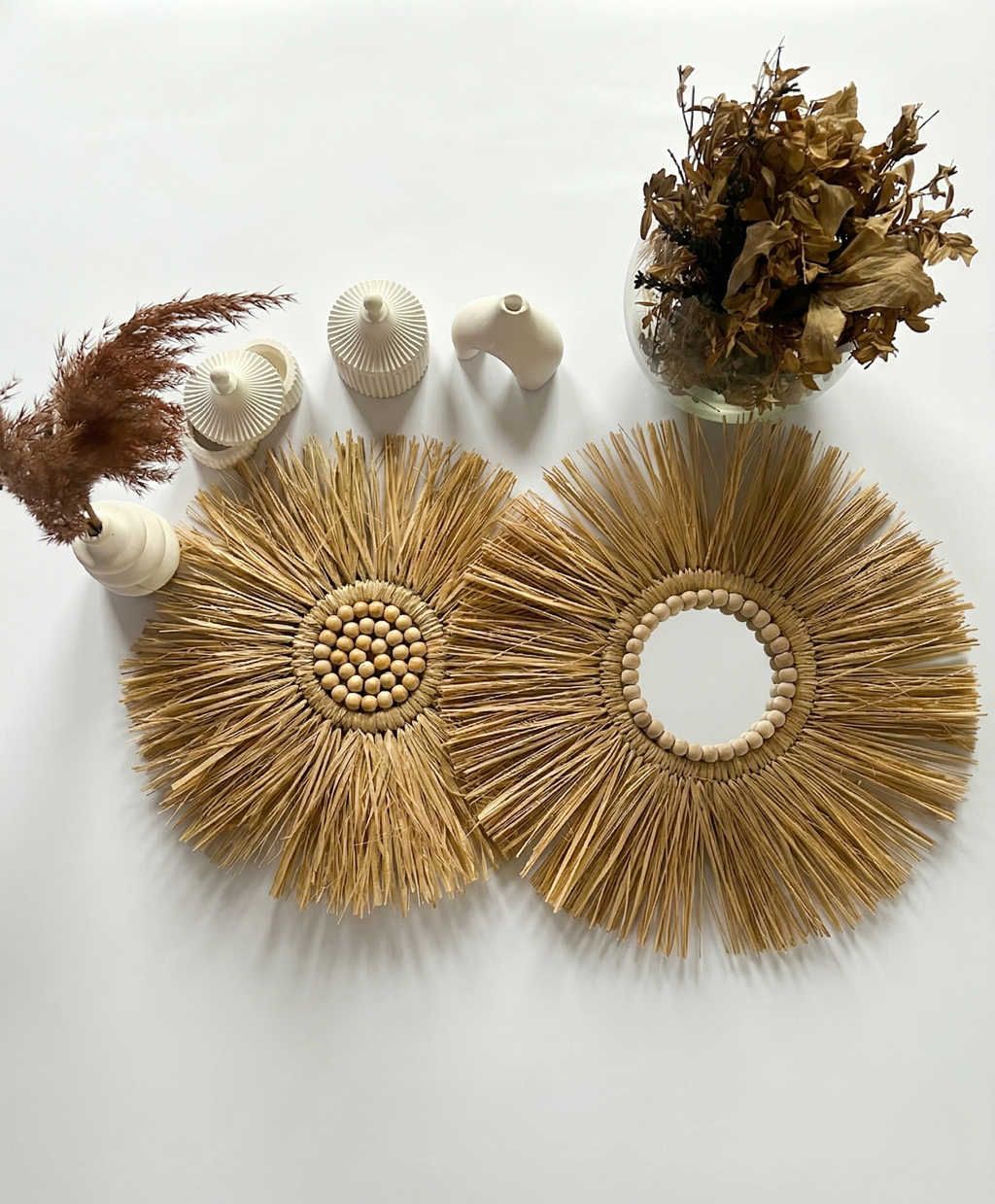 Ahşap Boncuklu ve Aynalı İkili Rafya Duvar Seti