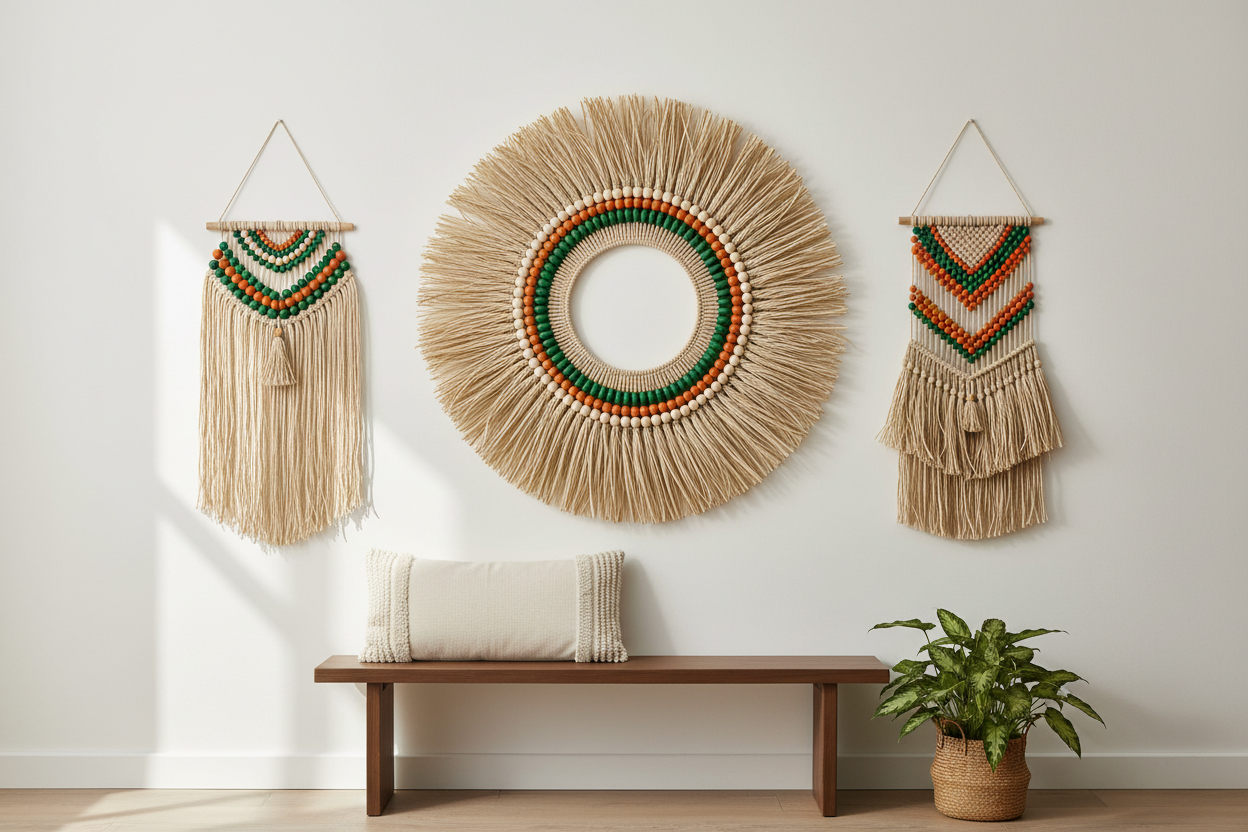 Bohemian style wall hangings made of natural beige raffia fibers and wooden beads. The design features geometric patterns, sunburst circles, and fan shapes using orange, green, and natural colored wooden beads. Minimalist boho interior setting, hanging on a plain off-white wall. Handwoven texture, artisanal quality, warm earthy tones. Soft natural light coming from the side. Interior design photography. --ar 3:4